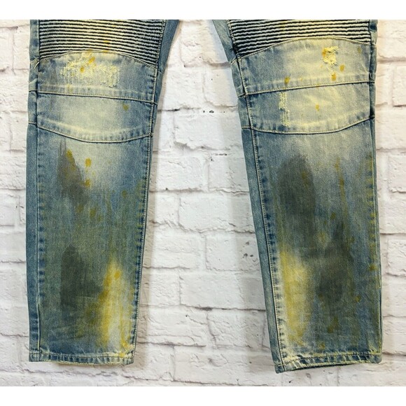Embellish Mens Jeans‎ 38 x 33 Distressed Destroyed Biker Moto Gold Blue Denim - Picture 11 of 14